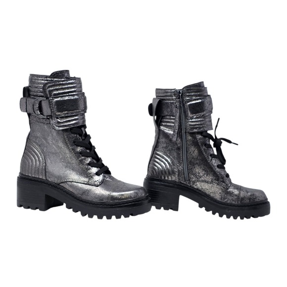 DKNY Women Metallic Silver Quilted Buckled Lug Sole Combat Chunky Boot Goth $159 - Picture 6 of 10